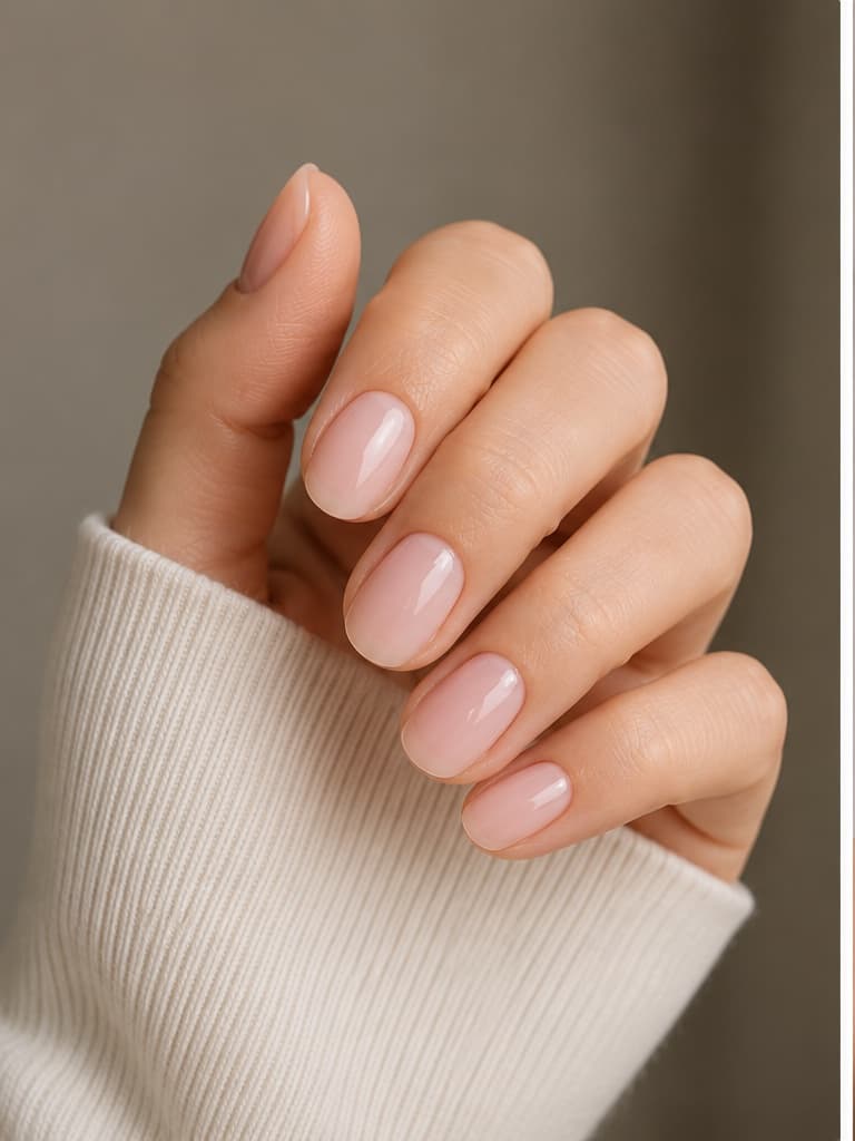 Glossy milky pink builder gel overlay on short natural nails