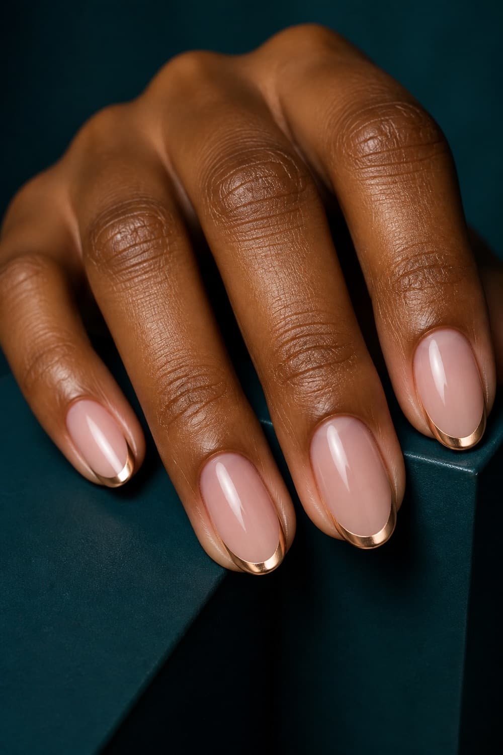 Medium oval Christmas nails with a sheer blush base and narrow champagne chrome French tips.