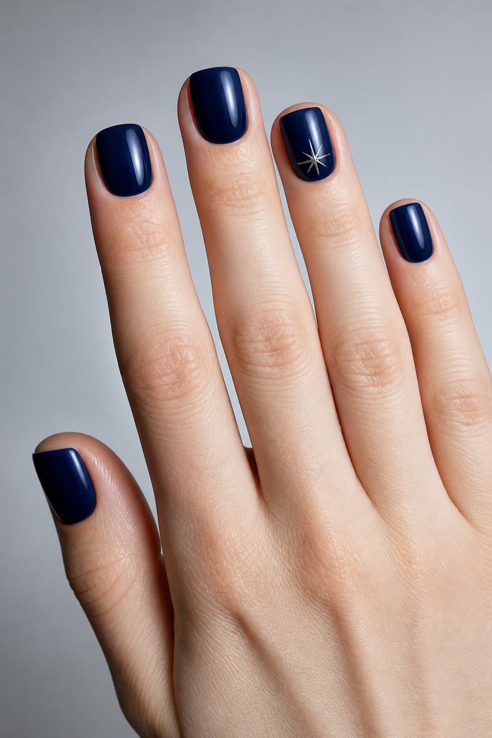 Short squoval Christmas nails in glossy midnight navy with one fine silver starburst accent.