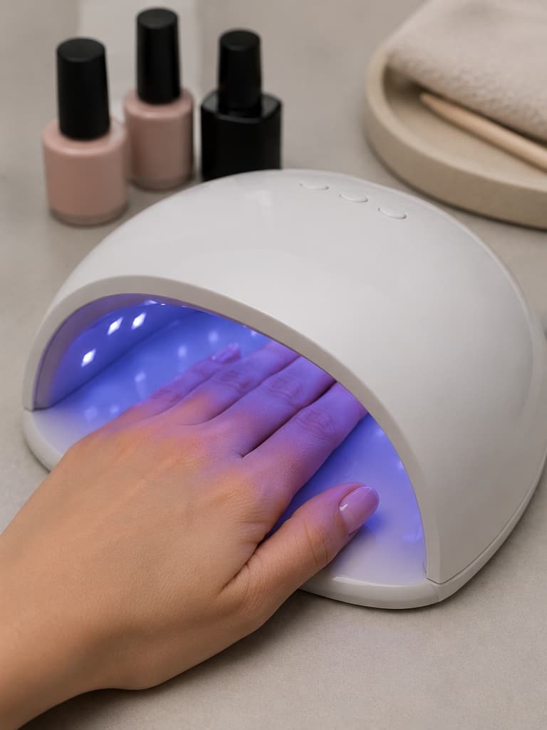 Hand curing gel polish inside a white UV LED nail lamp