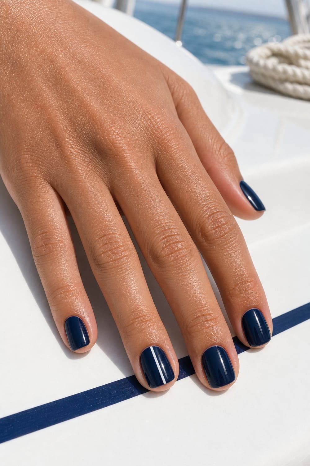 Navy blue nautical nails on female hand