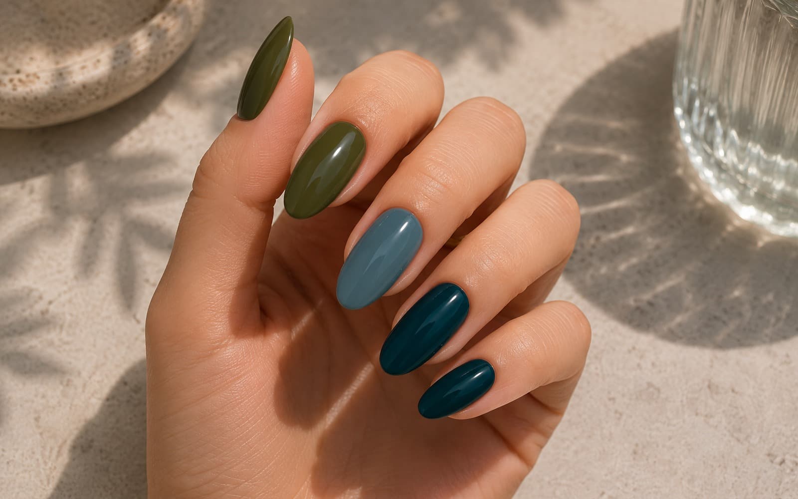 Glossy olive green, fog blue and deep teal September nail colors