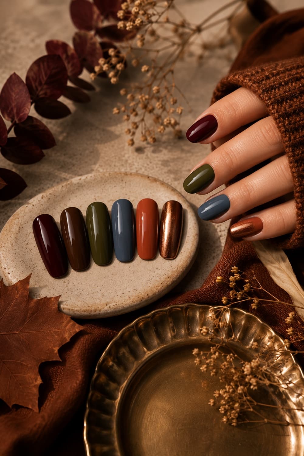 September nail colors in burgundy, chocolate brown, olive green, fog blue, terracotta and bronze chrome