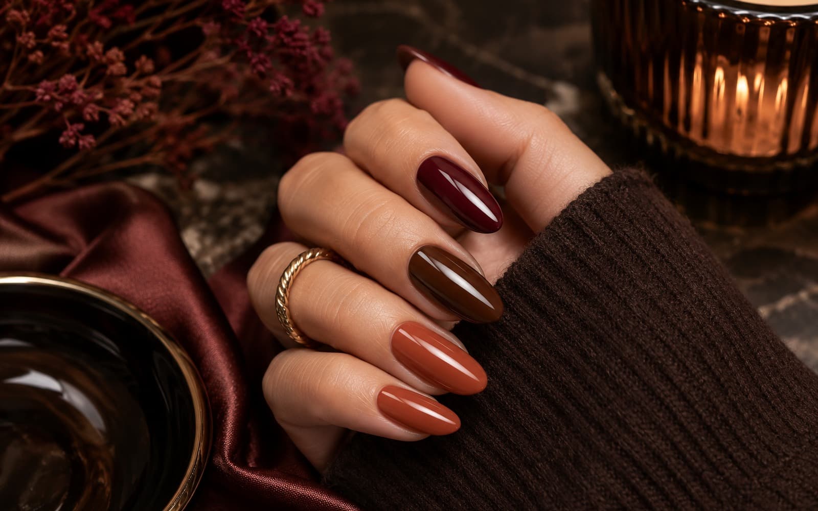 Glossy burgundy, chocolate brown and terracotta September nail colors