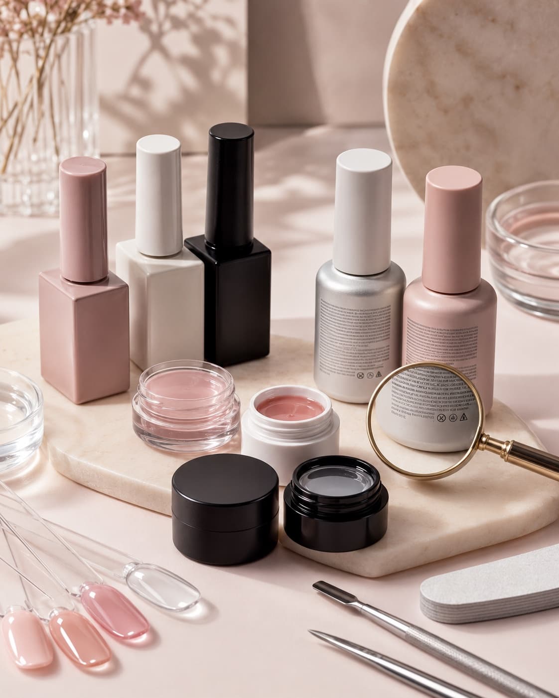 Unbranded gel nail products arranged for ingredient label comparison