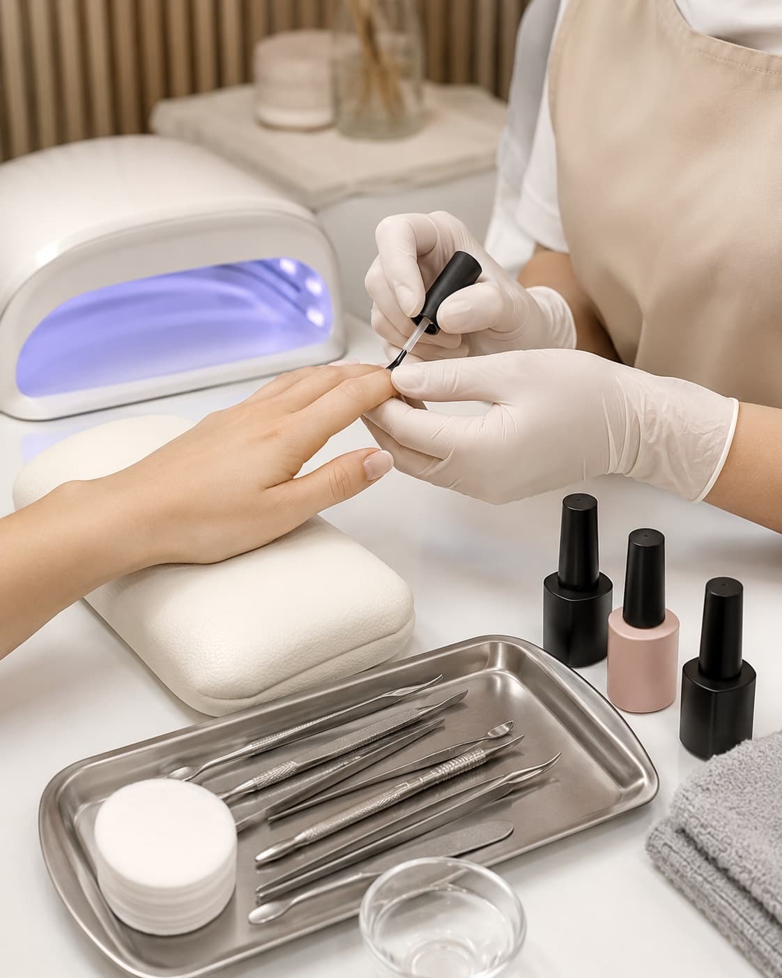 Professional gel manicure setup with gloves lamp and clean salon tools