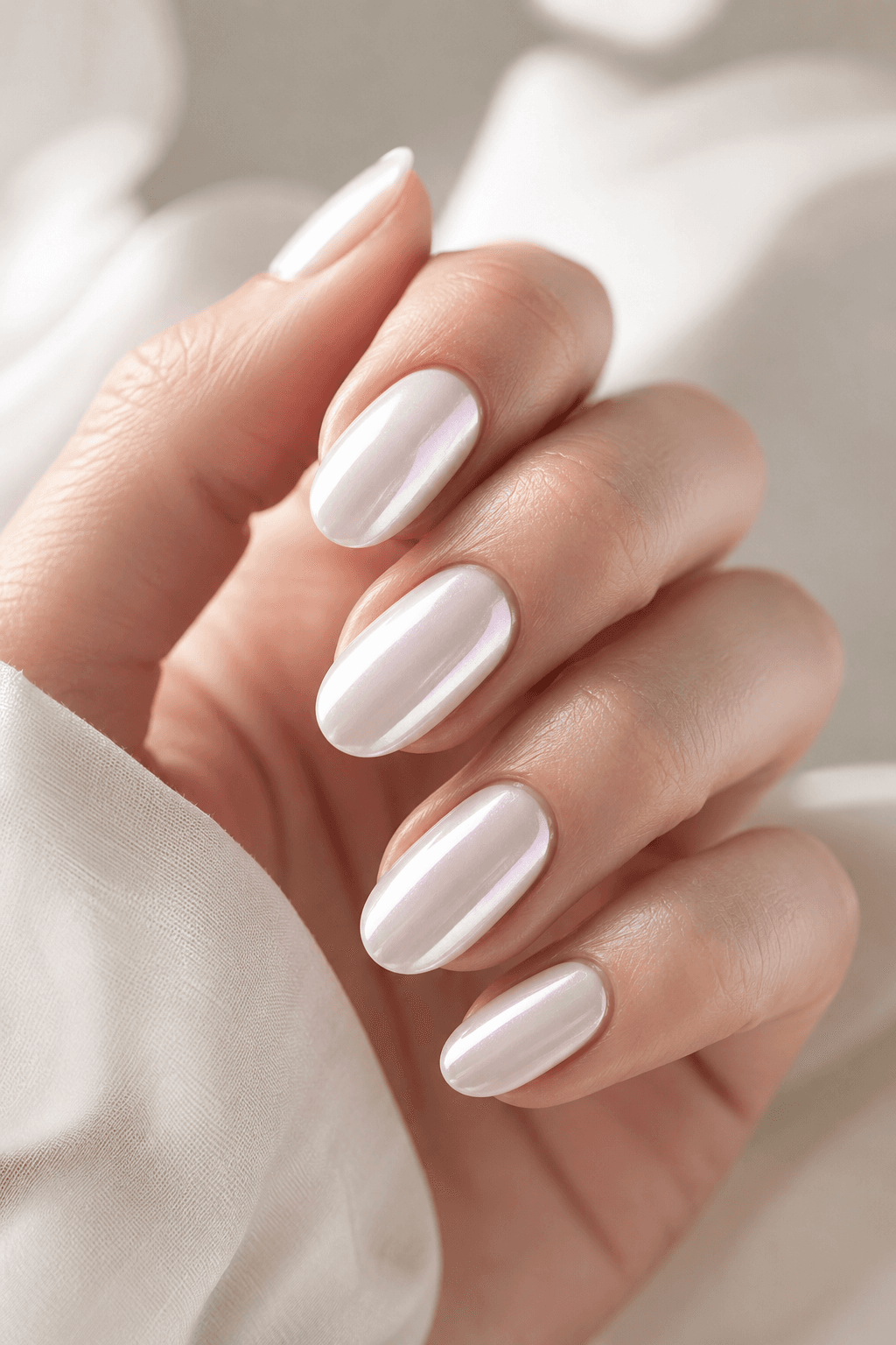Milky almond nails with a soft pearl glazed finish