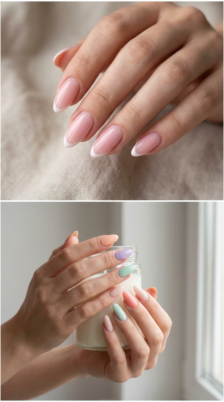 Pink almond nails in clean modern style