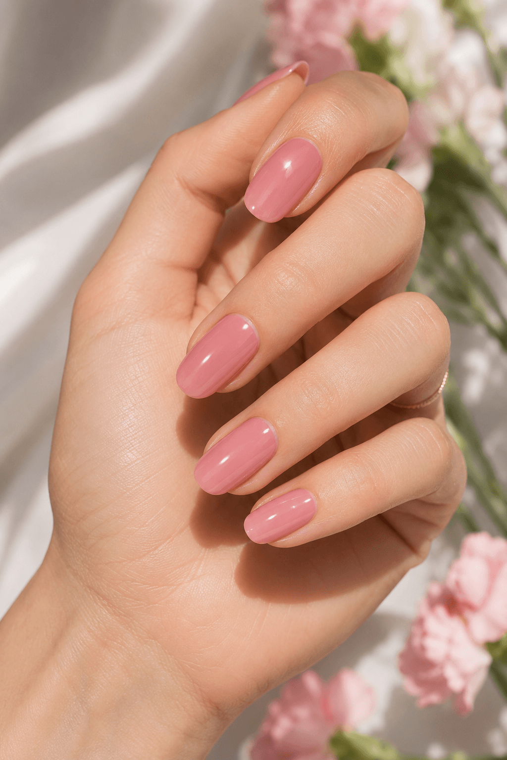 Baby pink nails with floral detail on female hand