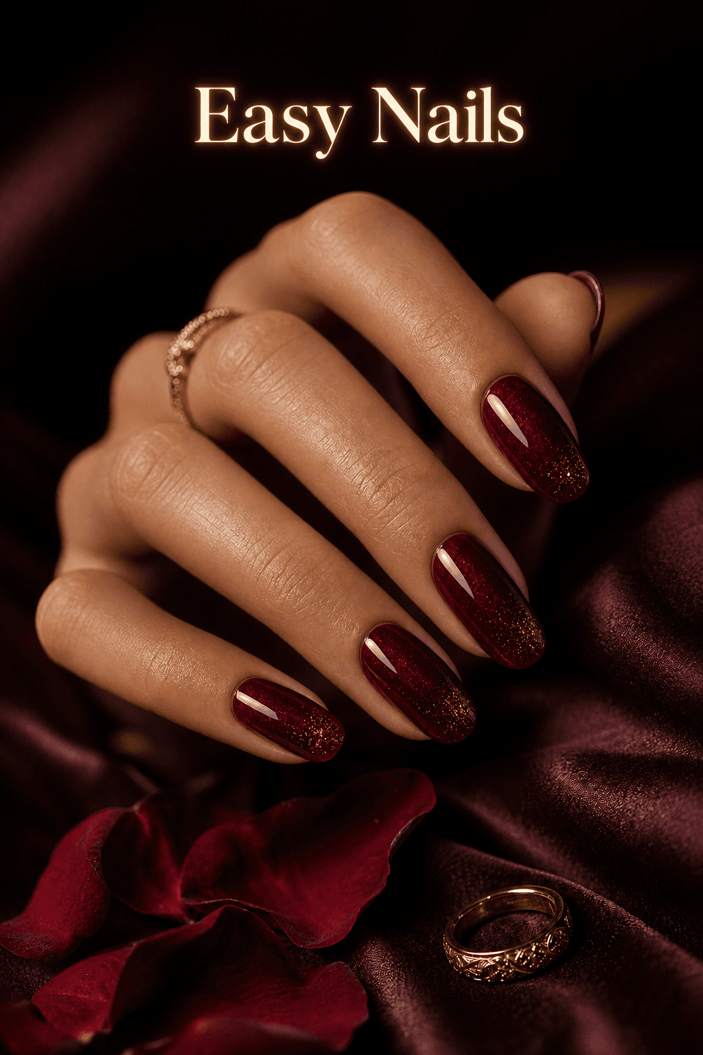 Ultra realistic burgundy manicure with gold shimmer on a close-up hand