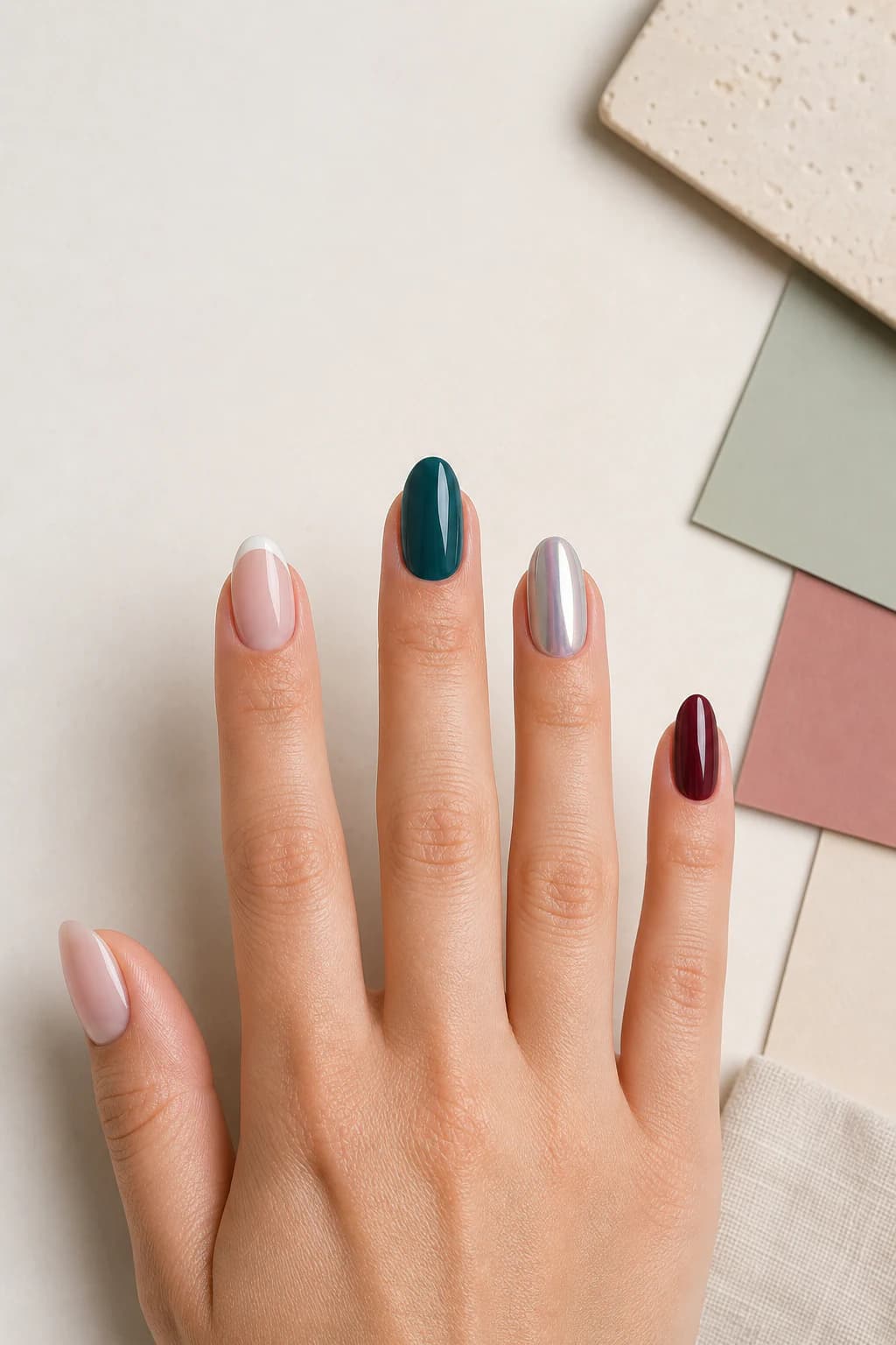 Five different nail colors and finishes for the What Nails Should I Get quiz