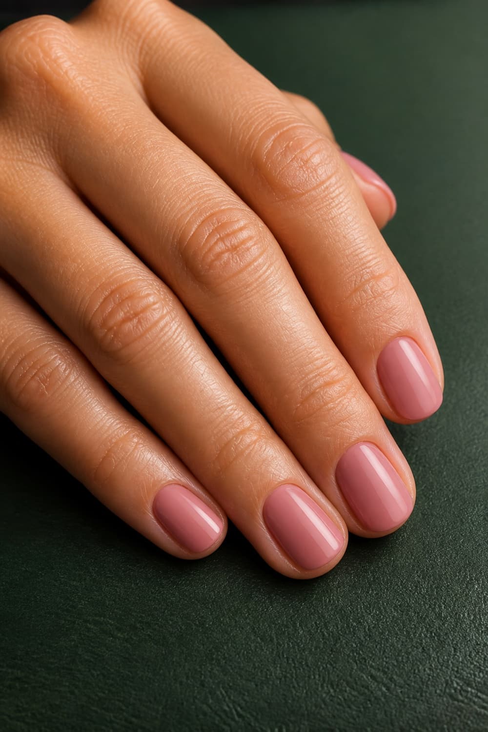 Short dusty rose nails with a glossy professional finish for teachers