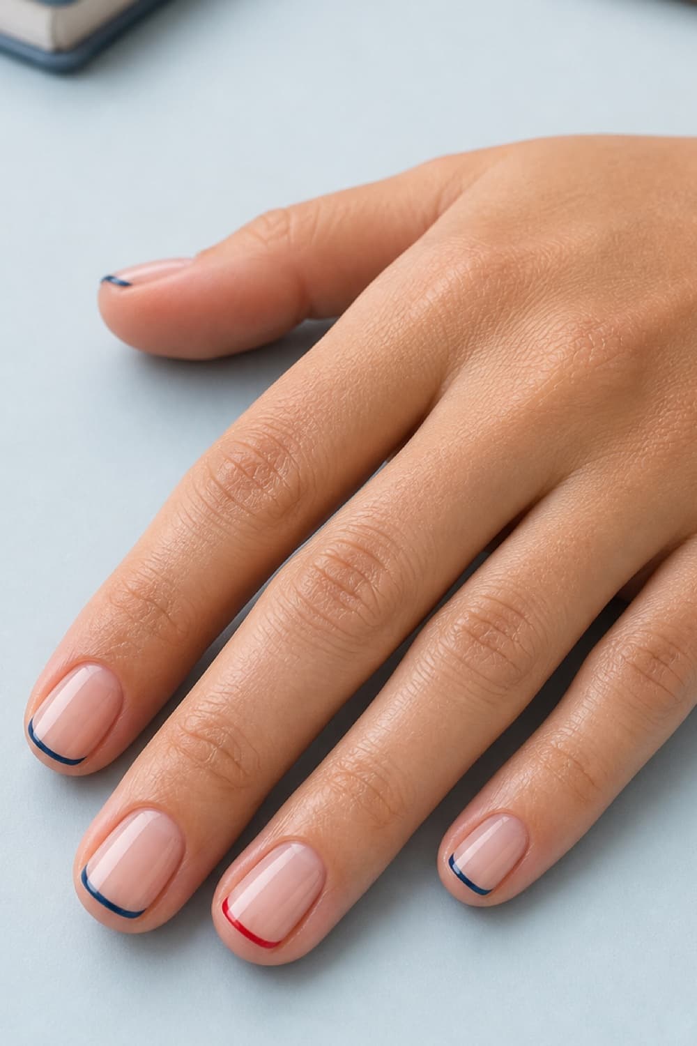 Short squoval back-to-school nails with navy micro French tips and a red accent