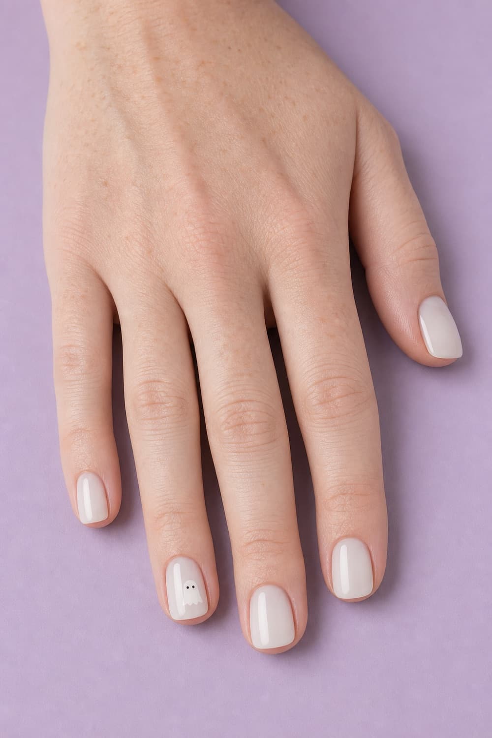 Short milky squoval nails with one tiny white ghost accent on the ring fingernail