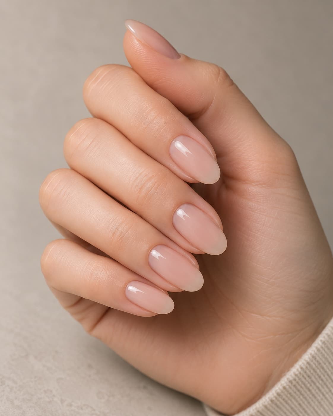Natural nude hard gel overlay with a balanced apex on medium almond nails