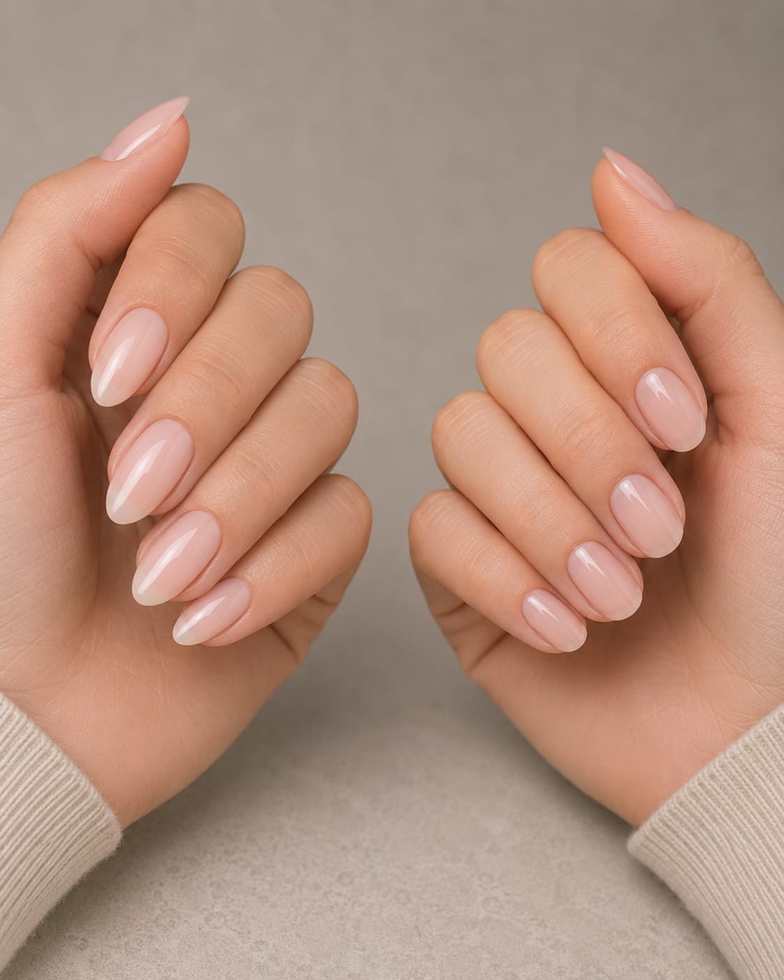 Hard gel and builder gel manicure structures compared on nude almond nails