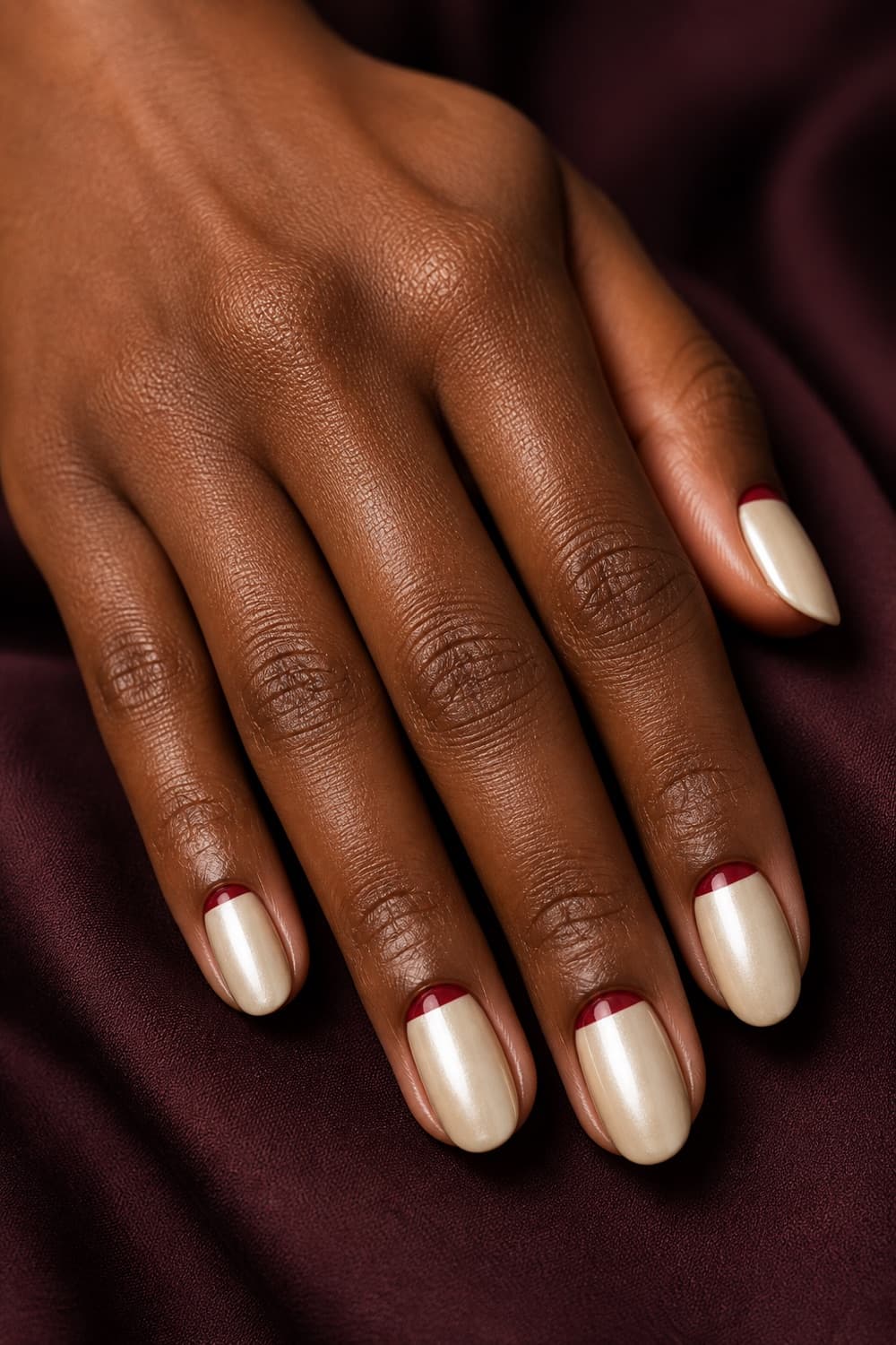 Medium oval ivory pearl nails with cranberry half-moon accents for a Thanksgiving dinner