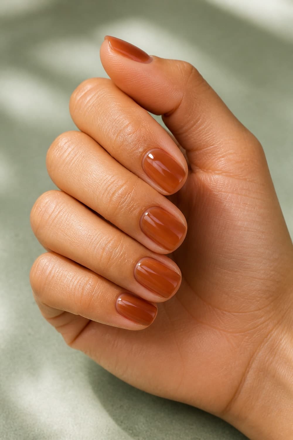 Short squoval nails with a translucent maple-caramel glaze for Thanksgiving travel
