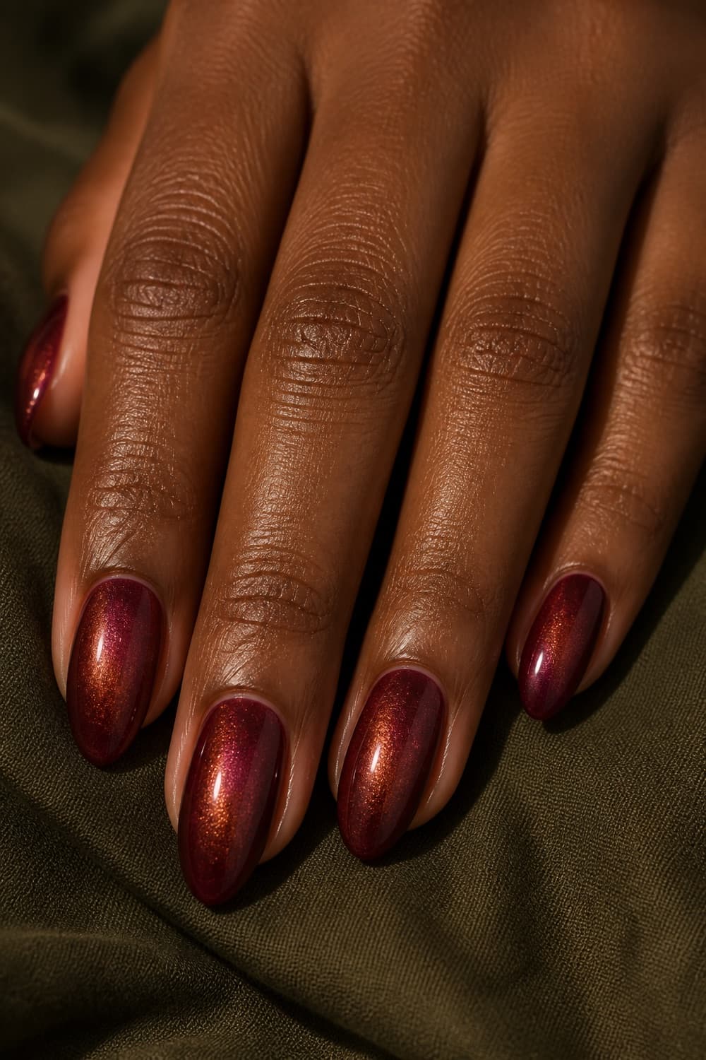 Cranberry glass almond nails with a soft copper glow for Thanksgiving 2026