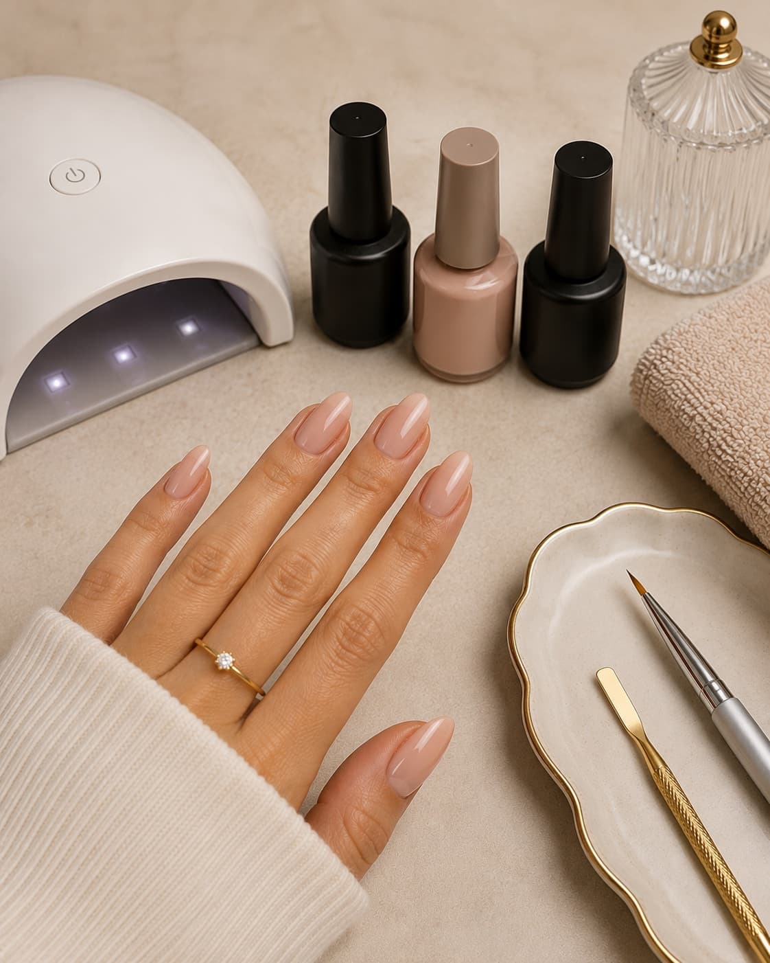 Glossy nude gel manicure beside unbranded salon gel products and a nail lamp
