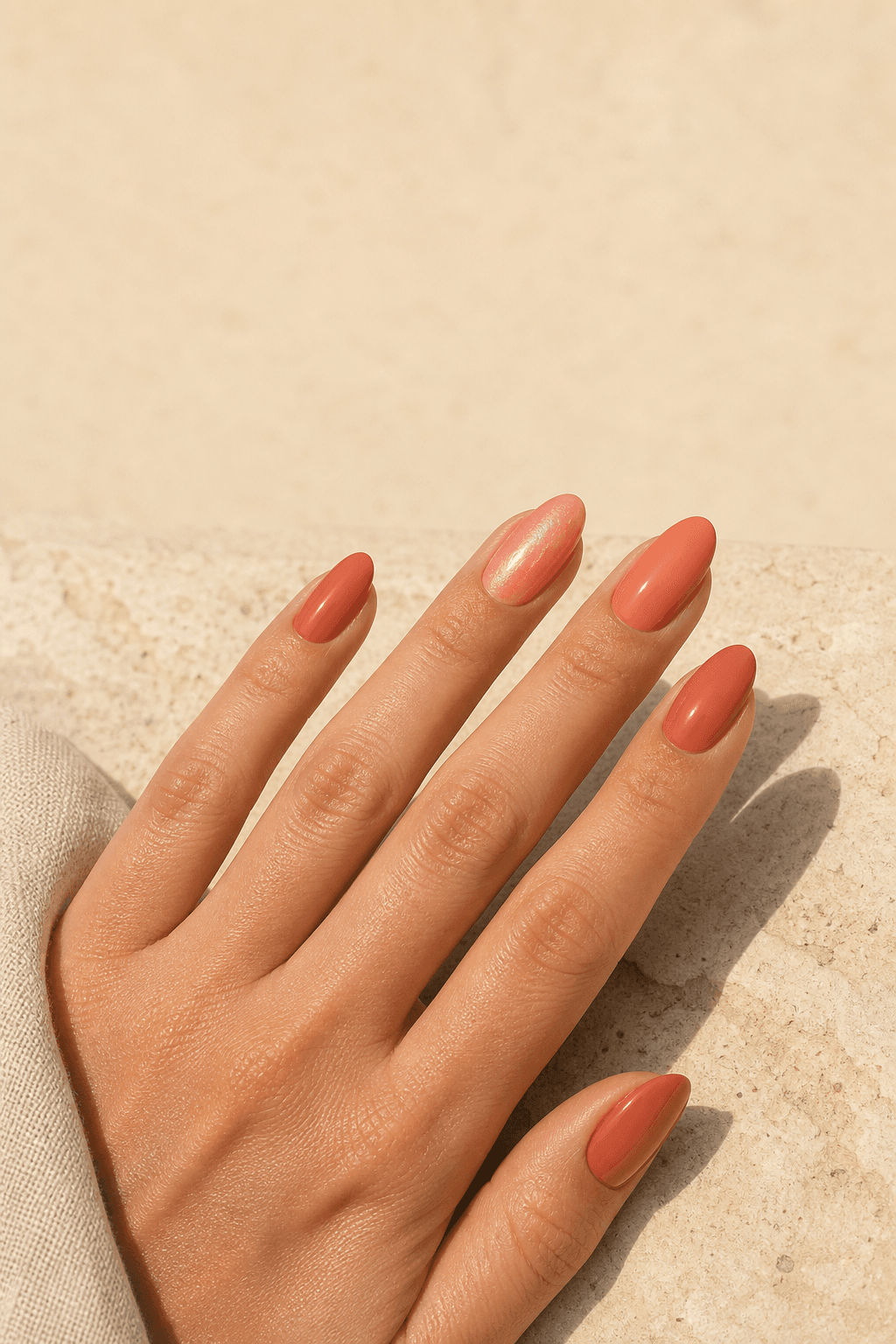 Coral-to-terracotta tonal August manicure with one pearl accent on soft almond nails