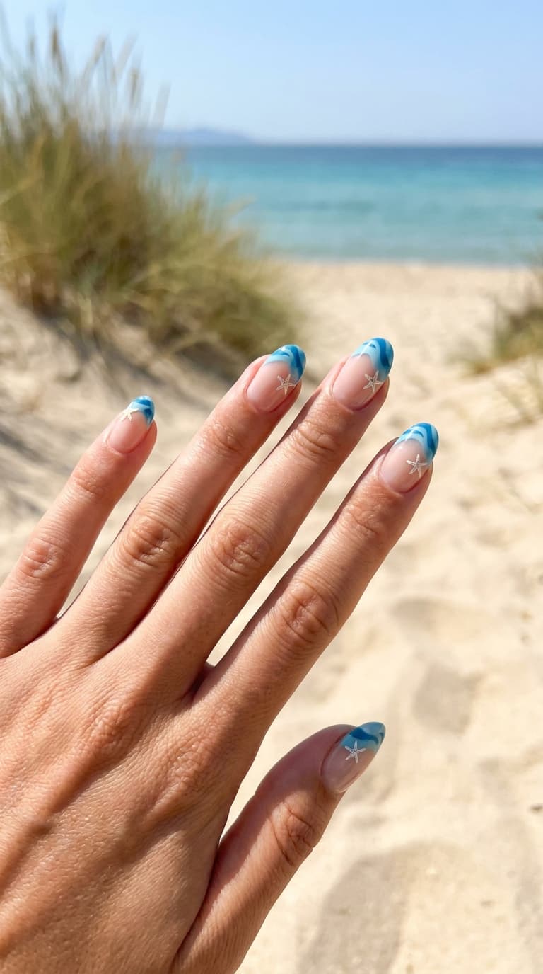 Almond nails with turquoise tips for beach vacation