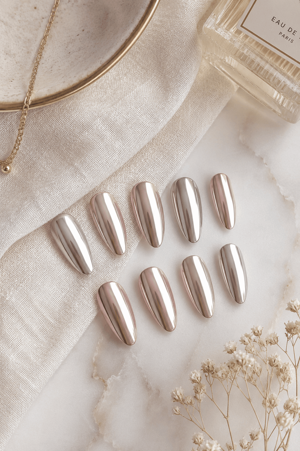 Coffin shaped nails in chrome finish