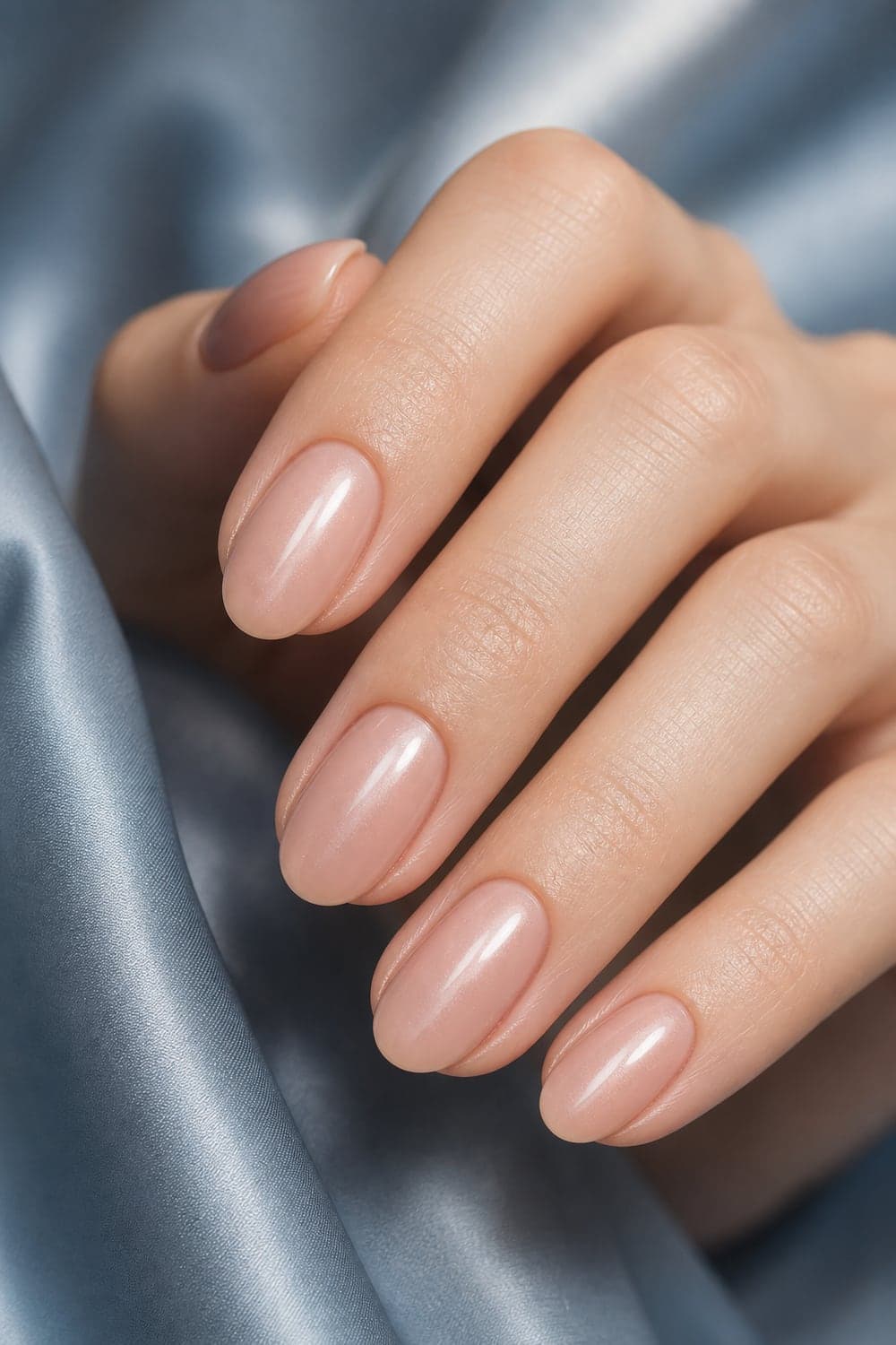 Nude wedding guest nails with a soft elegant pearl finish