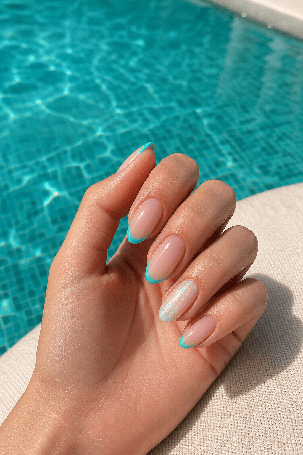 Aqua micro French vacation nails photographed beside a bright swimming pool