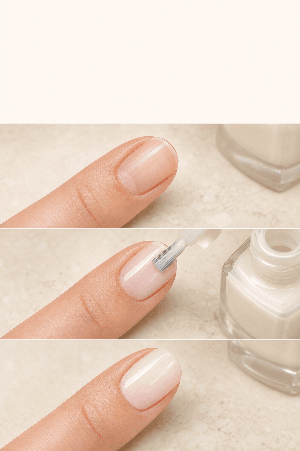 Three-step close-up showing a sheer base, milky layer, and glossy nail finish