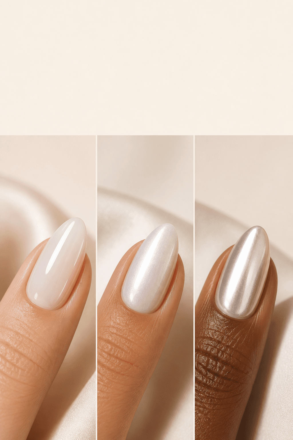 Gloss, pearl, and chrome milky nail finishes shown side by side