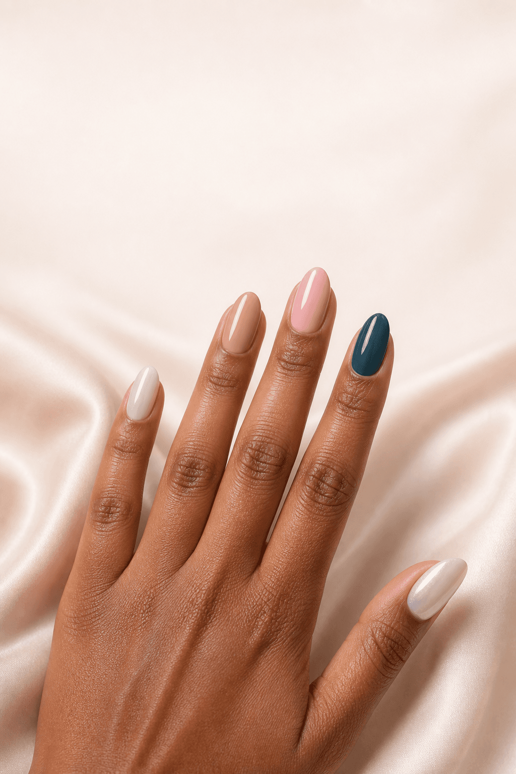 One realistic hand displaying milky white, nude, blush, teal, and pearl nail options