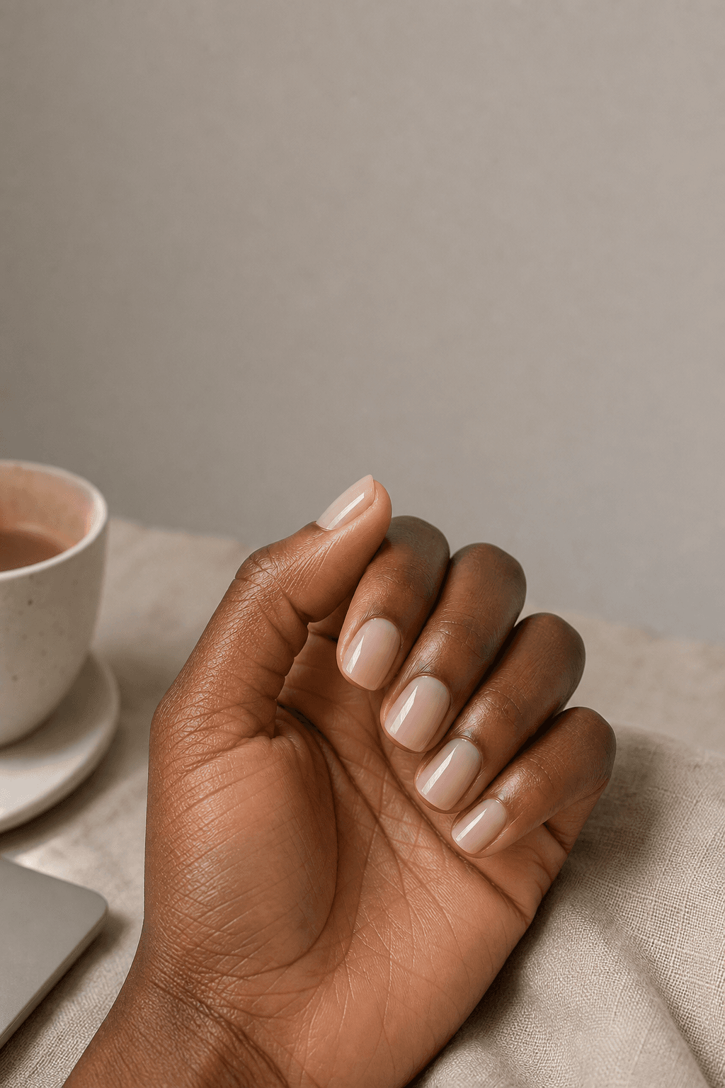 Short low-maintenance nude manicure on deep skin