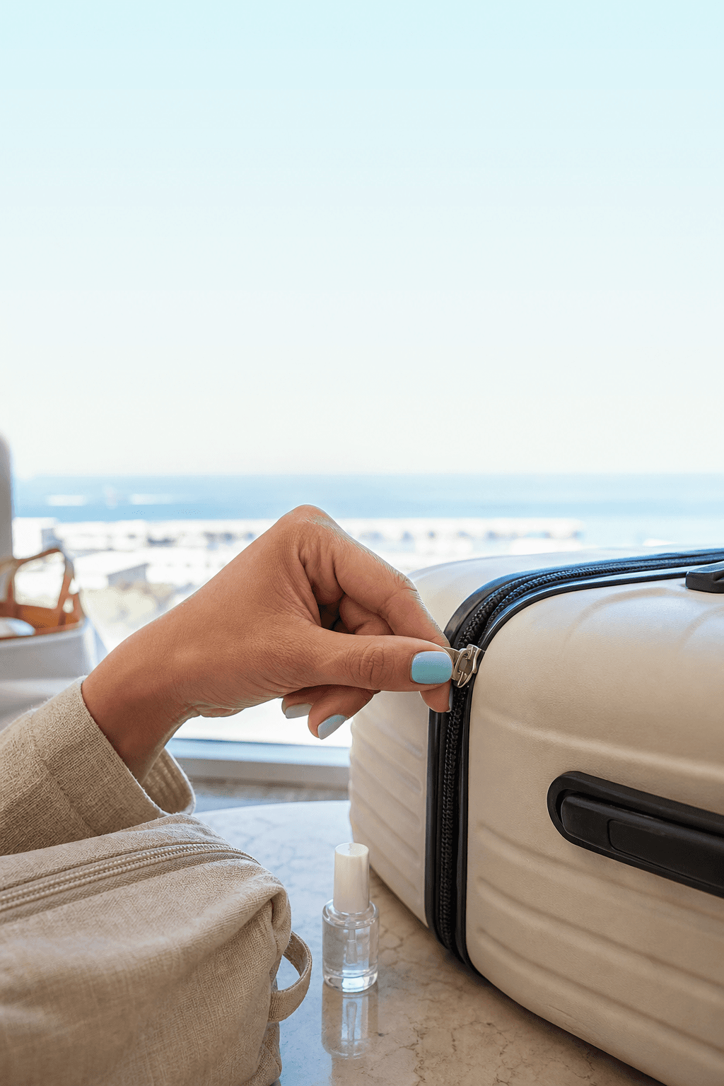 Short teal travel manicure beside a suitcase in bright daylight
