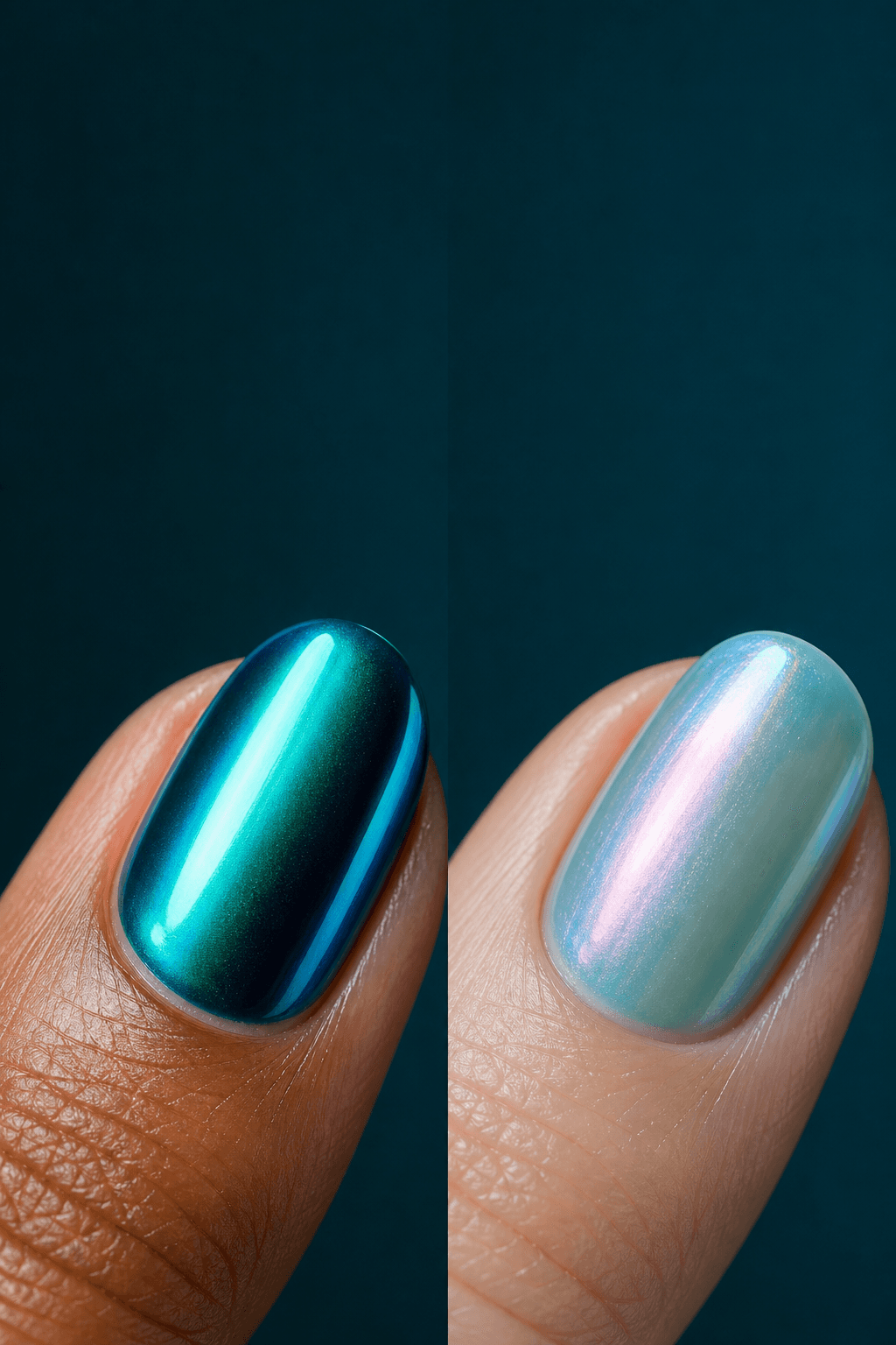 Teal chrome and pale shell shimmer nail finishes compared close up