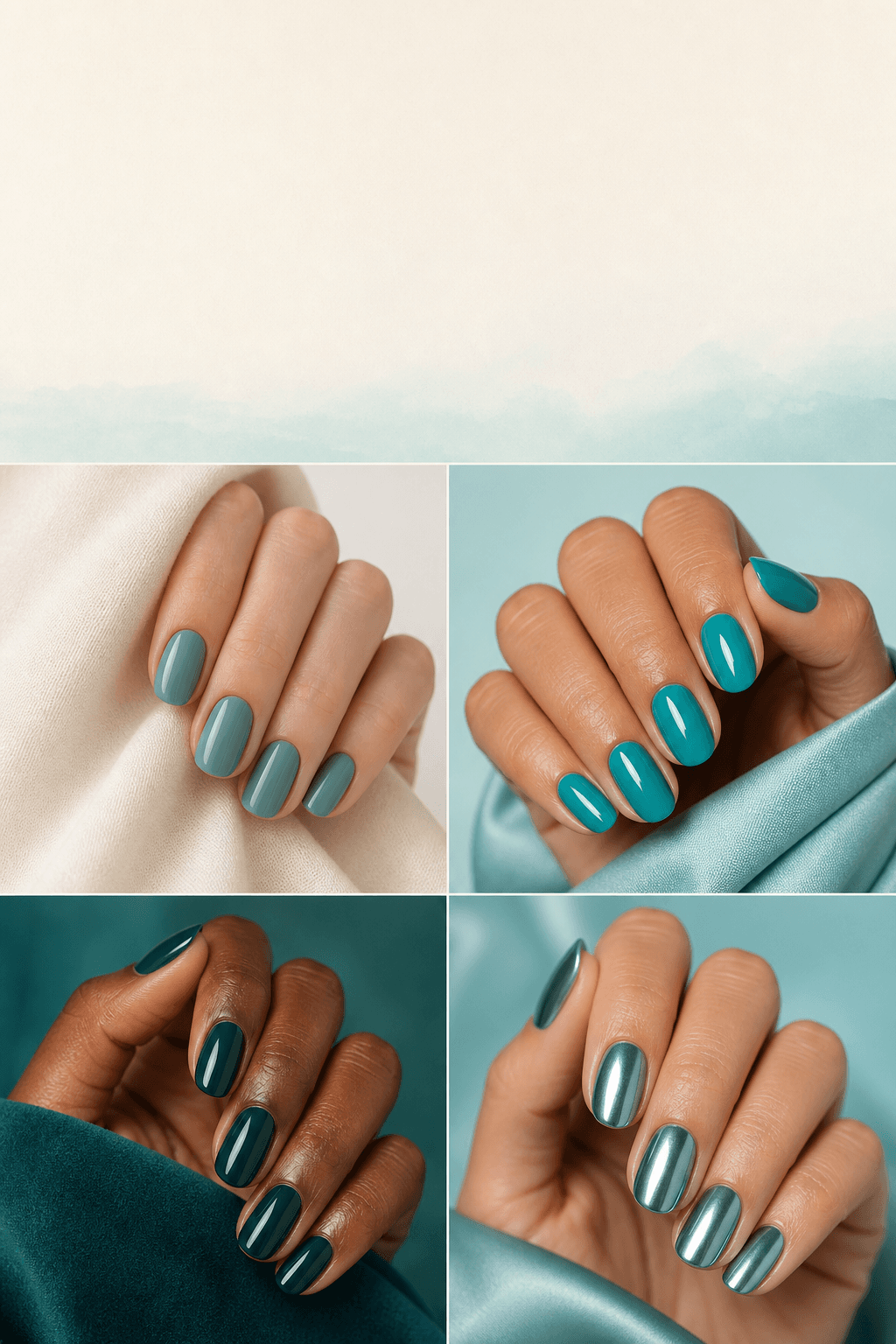 Dusty, bright, deep, and chrome teal manicures shown together