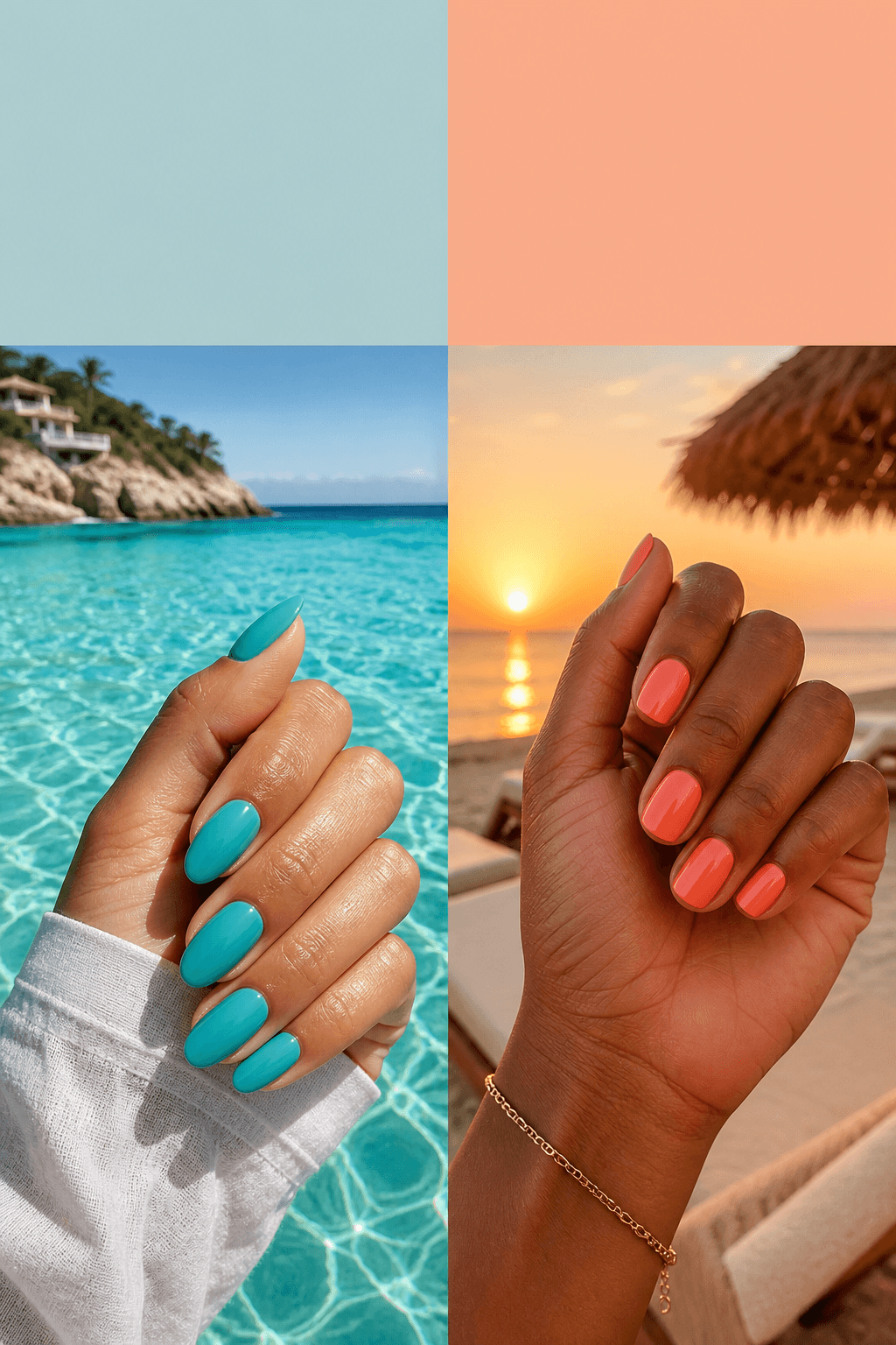 Teal and coral vacation manicures compared in beach light