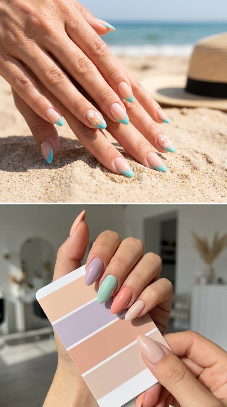 Teal nails close up on female hand
